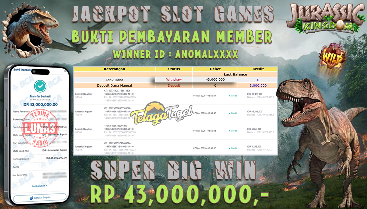 TELAGATOGEL JACKPOT SLOT JURASSIC KINGDOM Rp 43,000,000,- LUNAS 