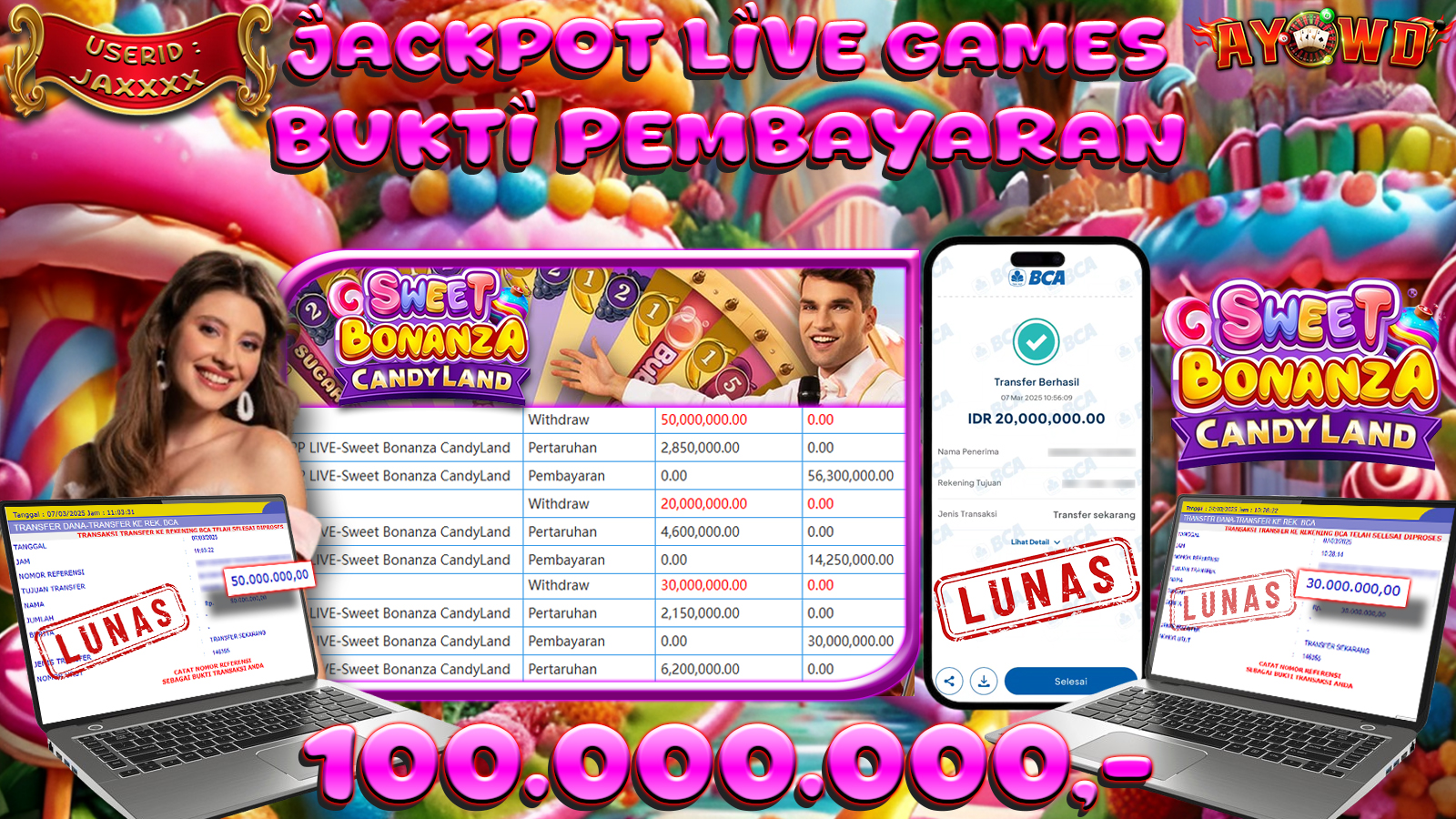 AYOWD JACKPOT LIVE GAMES PP LIVE-Sweet Bonanza CandyLand Rp 100.000.000,- LUNAS