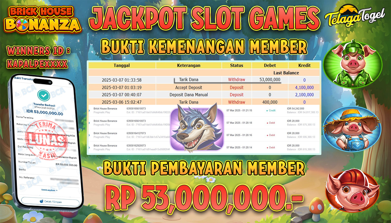 TELAGATOGEL JACKPOT SLOT BRICK HOUSE BONANZA Rp 53,000,000,- LUNAS 