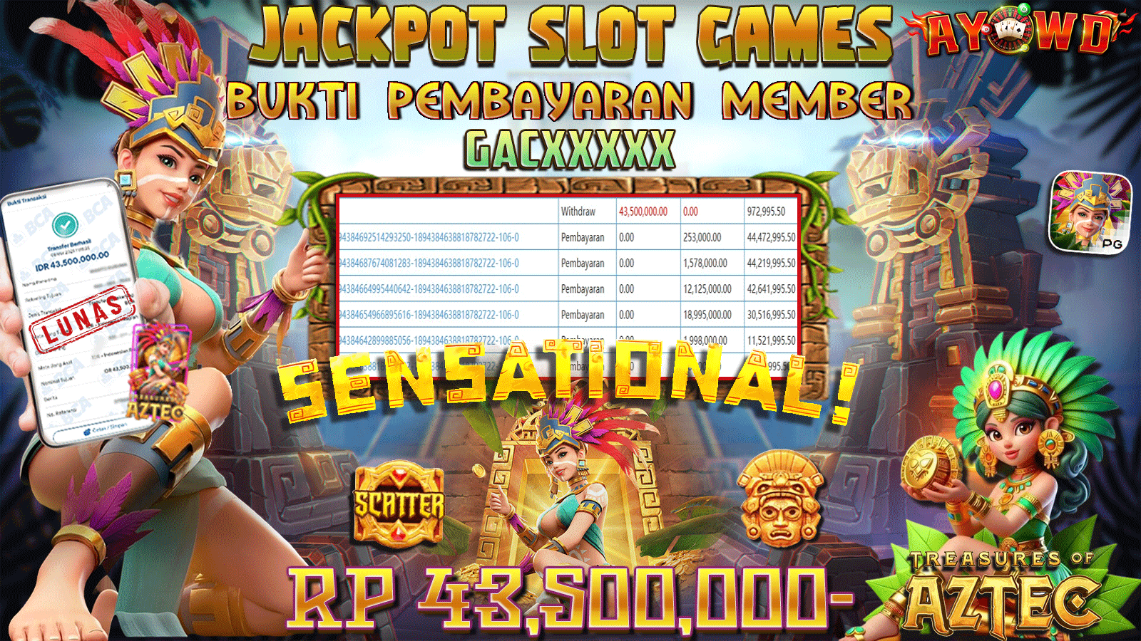 AYOWD JACKPOT SLOT GAMES PG-TREASURES OF AZTEC Rp 43.500.000,- LUNAS