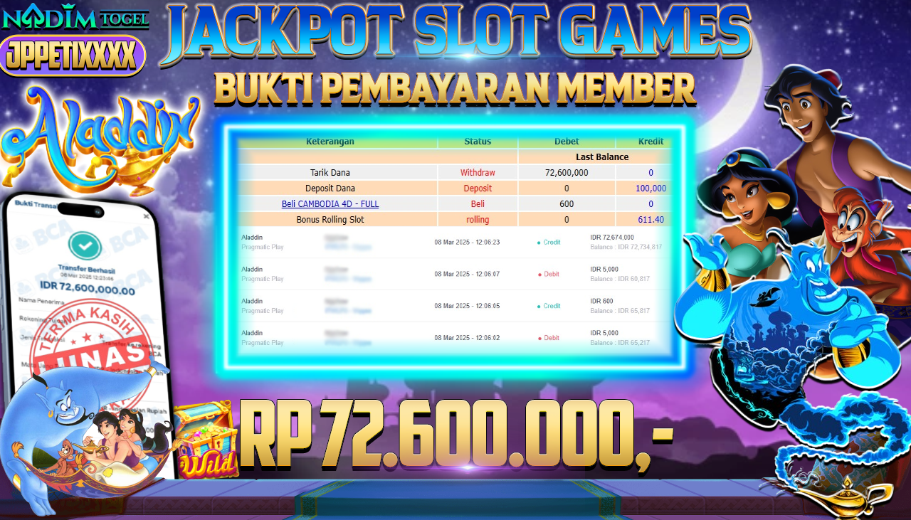 NADIMTOGEL JACKPOT SLOT ALADDIN PRAGMATIC PLAY Rp.72.600.000,- LUNAS