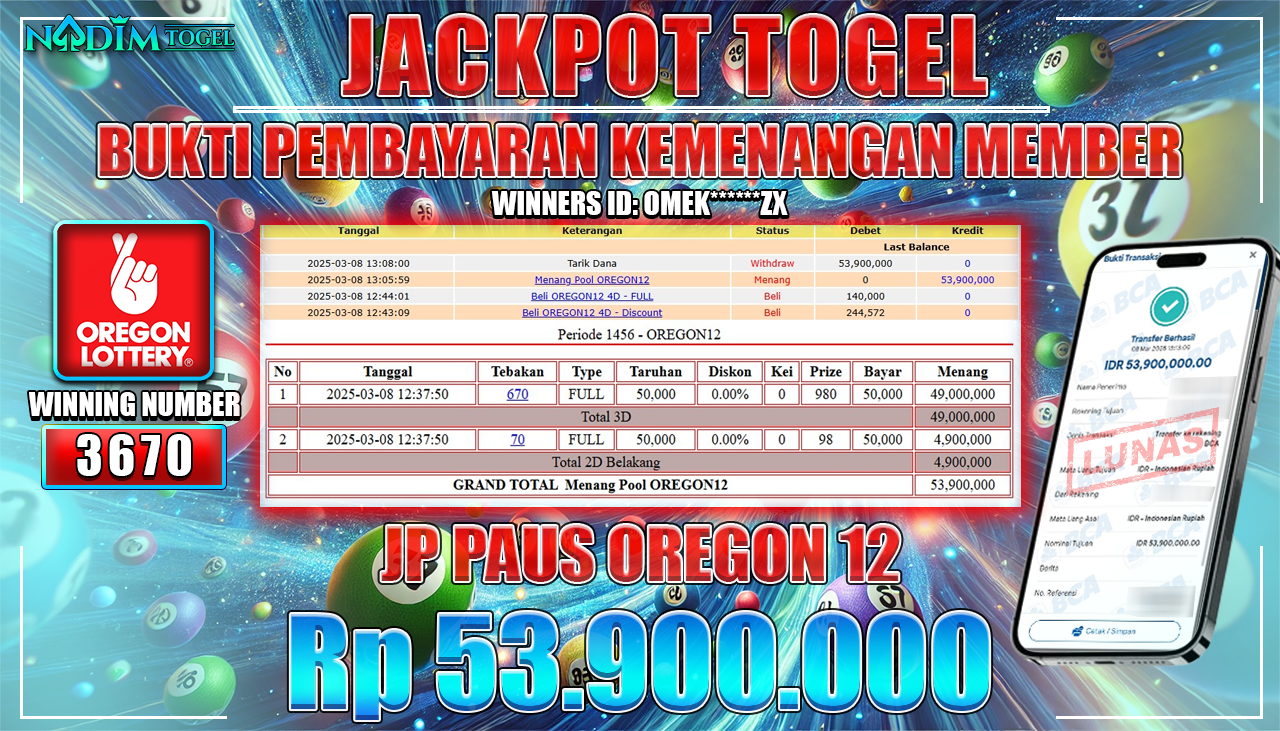 NADIMTOGEL JACKPOT TOGEL PASARAN OREGON-12 Rp 53.900.000,- LUNAS