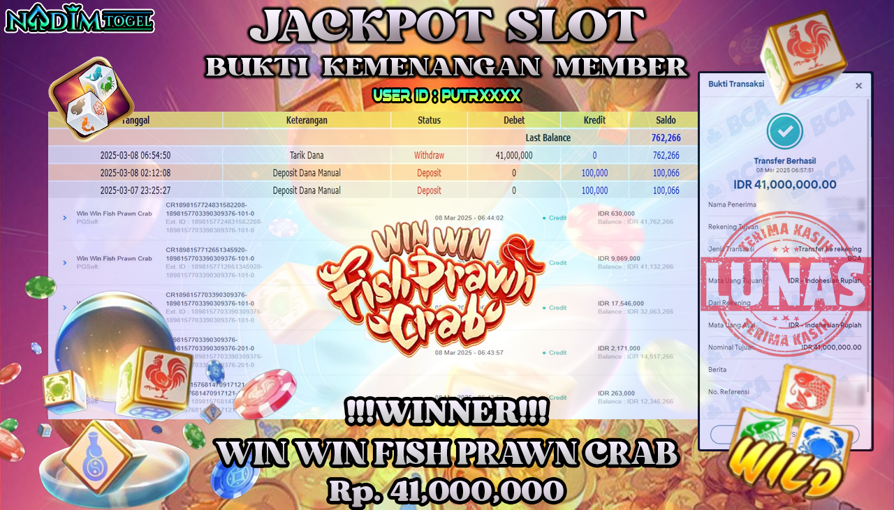 NADIMTOGEL JACKPOT SLOT WIN WIN FISH PRAWN CRAB Rp 41,000,000,- LUNAS
