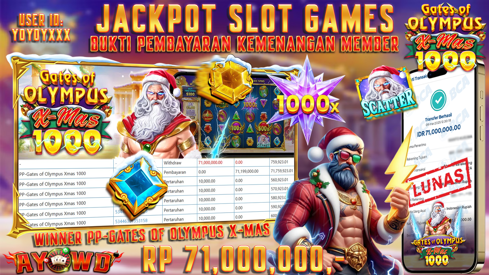 AYOWD JACKPOT SLOT GAMES PP-GATES OF OLYMPUS X-MAS Rp 71.000.000,- LUNAS