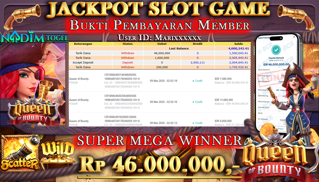 NADIMTOGEL JACKPOT SLOT QUEEN OF BOUNTY Rp 46.000.000,- LUNAS