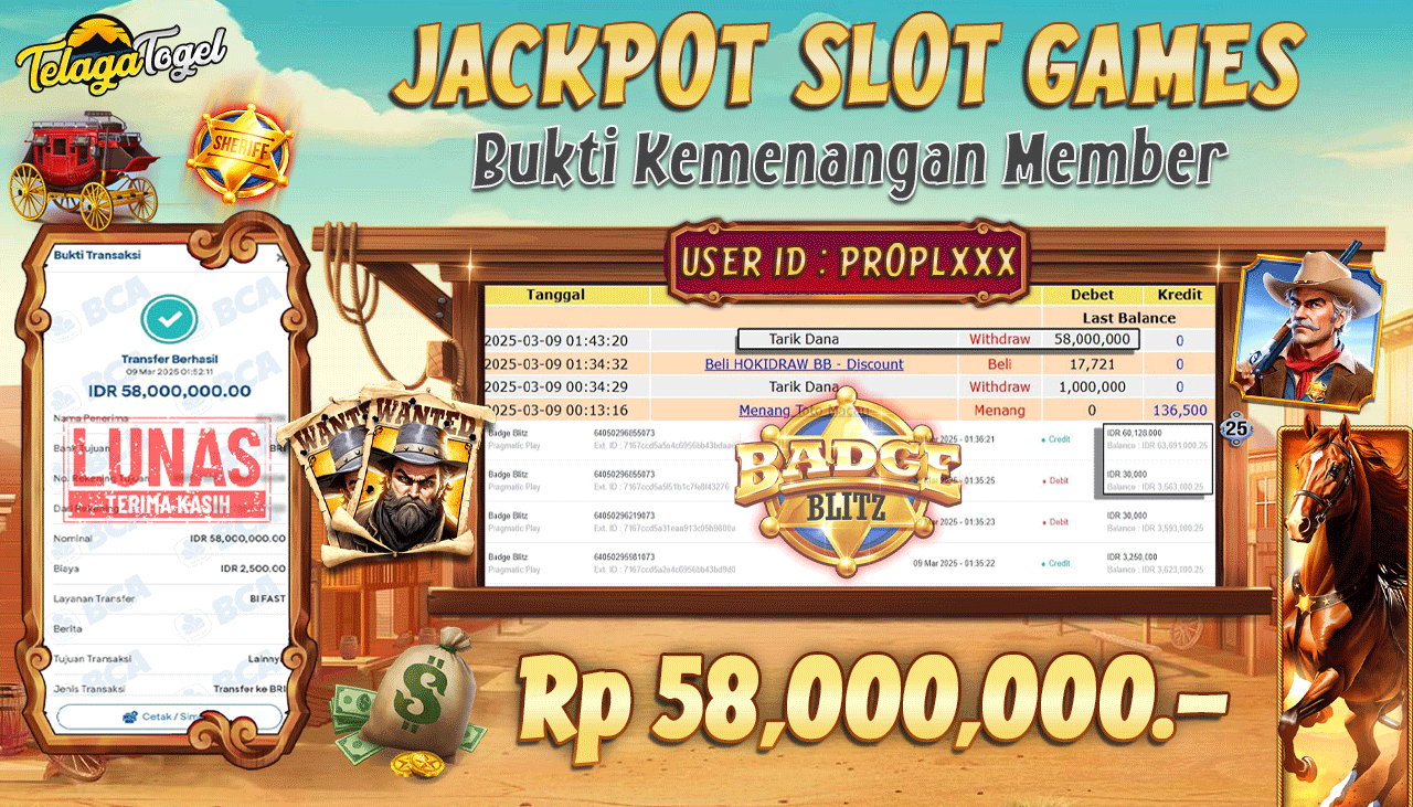 TELAGATOGEL JACKPOT SLOT BADGE BLITZ Rp 58,000,000,- LUNAS 