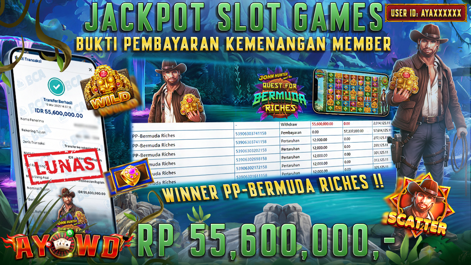 AYOWD JACKPOT SLOT GAMES PP-BERMUDA RICHES Rp 55,600,000,- LUNAS