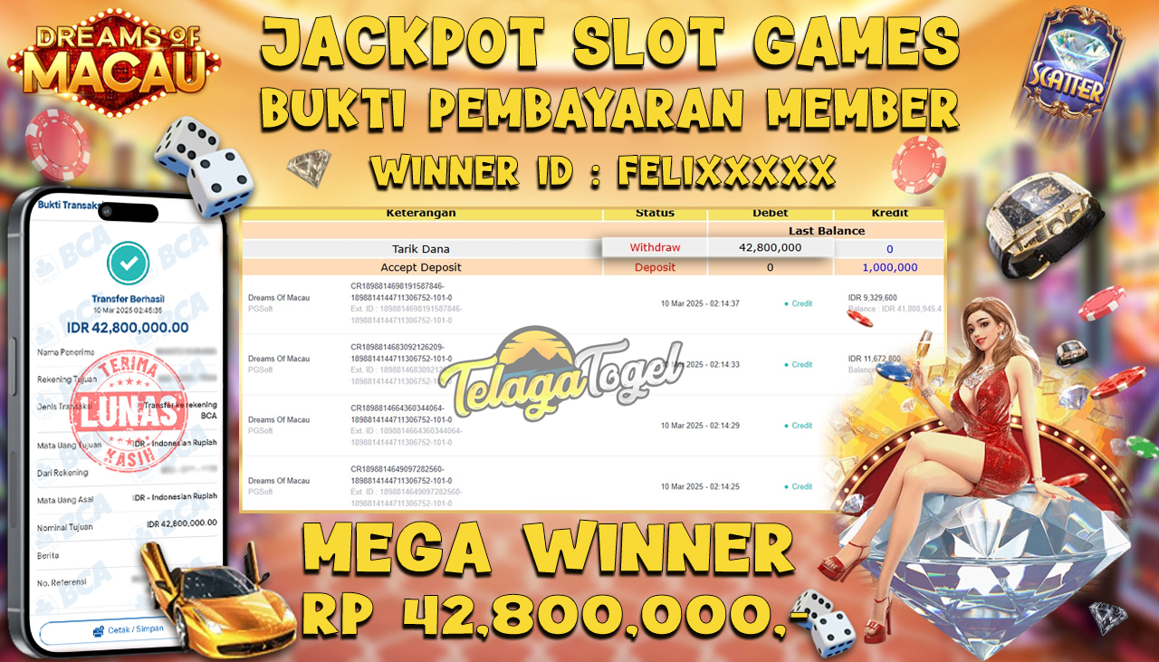 TELAGATOGEL JACKPOT SLOT DREAMS OF MACAU Rp 42,800,000,- LUNAS 