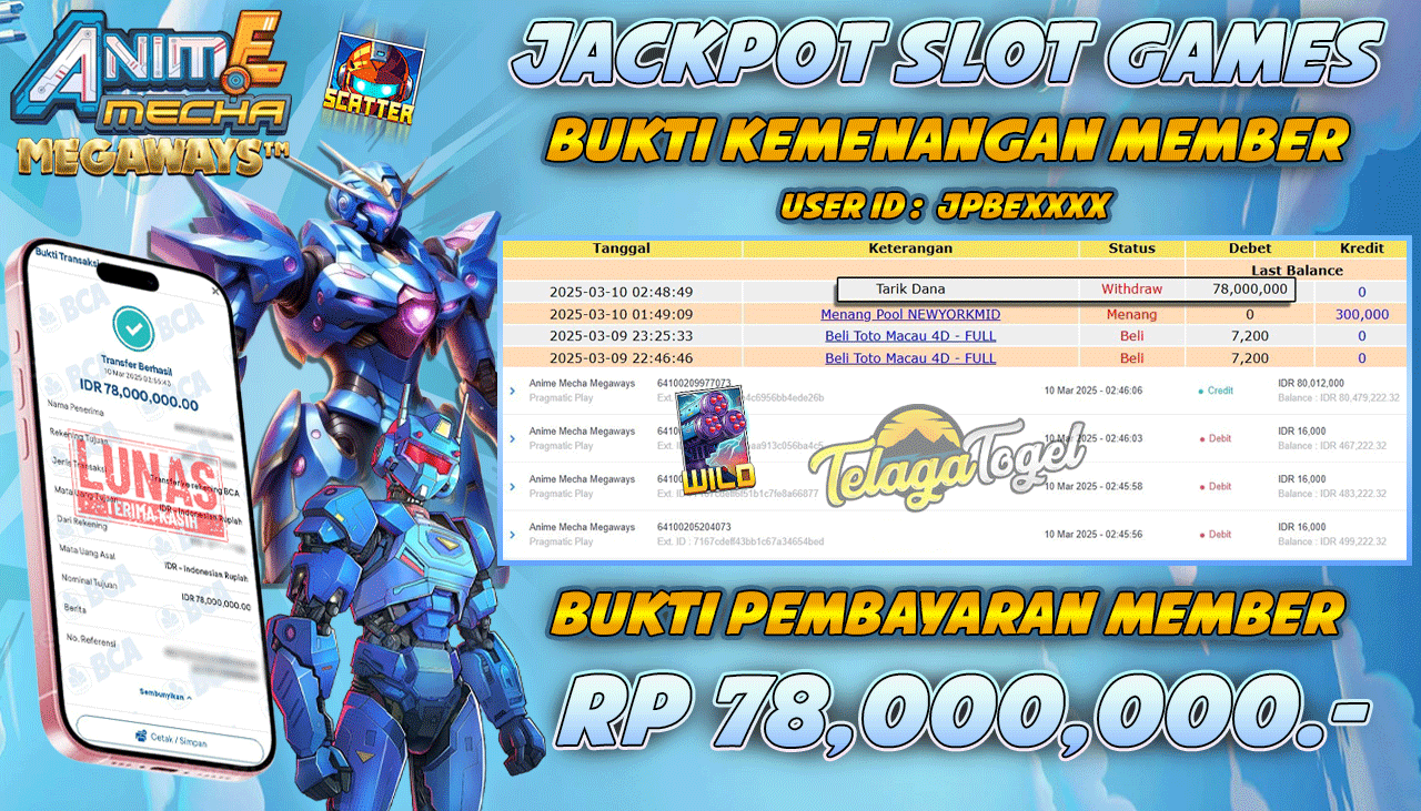TELAGATOGEL JACKPOT SLOT ANIME MECHA MEGAWAYS Rp 78,000,000,- LUNAS 