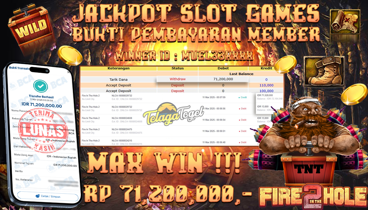 TELAGATOGEL JACKPOT SLOT FIRE IN THE HOLE 2 Rp 71,200,000,- LUNAS 