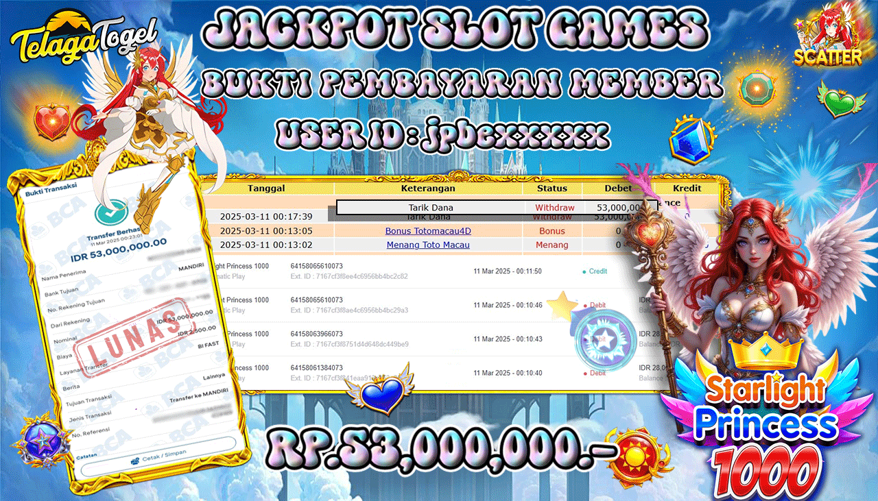 TELAGATOGEL JACKPOT SLOT STARLIGHT PRINCESS 1000 Rp 53,000,000,- LUNAS 