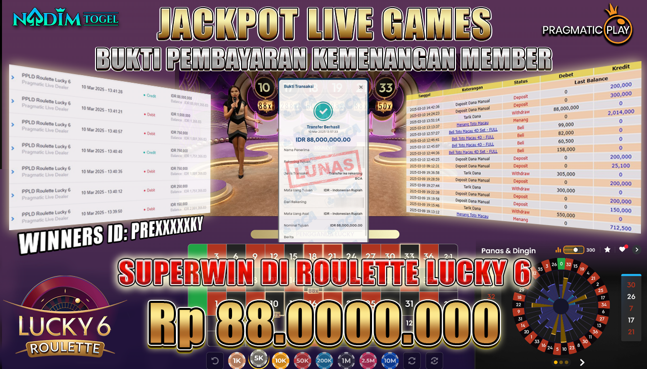NADIMTOGEL JACKPOT LIVE GAMES ROULETTE LUCKY 6 Rp 88.000.000,- LUNAS