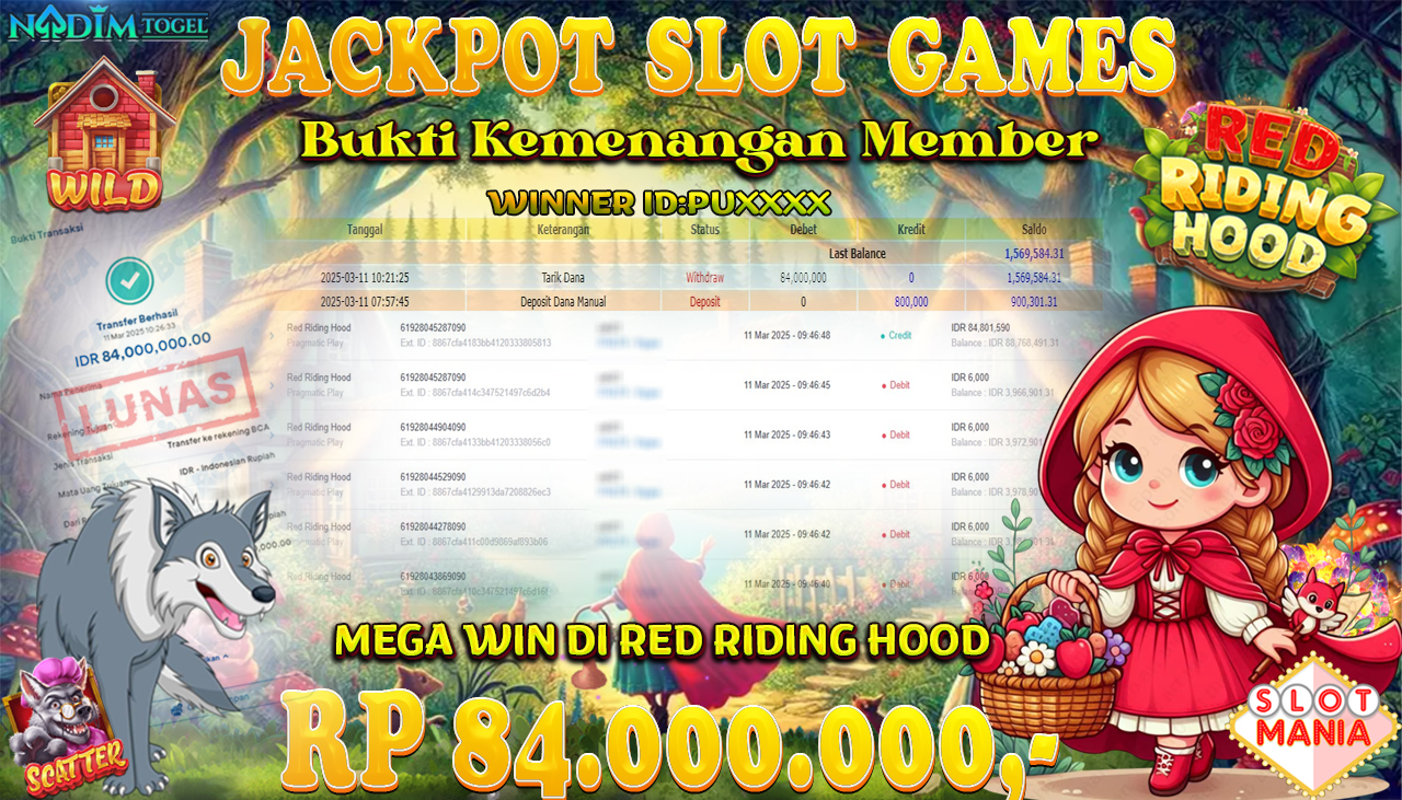 NADIMTOGEL JACKPOT SLOT RED RIDING HOOD Rp 84.000.000,- LUNAS