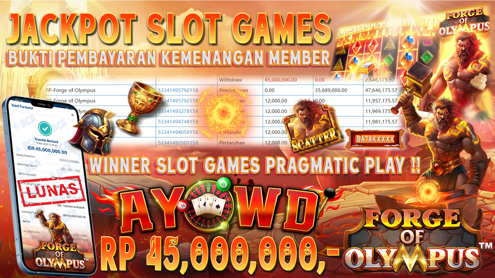 AYOWD JACKPOT SLOT GAMES PP-FORGE OF OLYMPUS Rp 45,000,000,- LUNAS