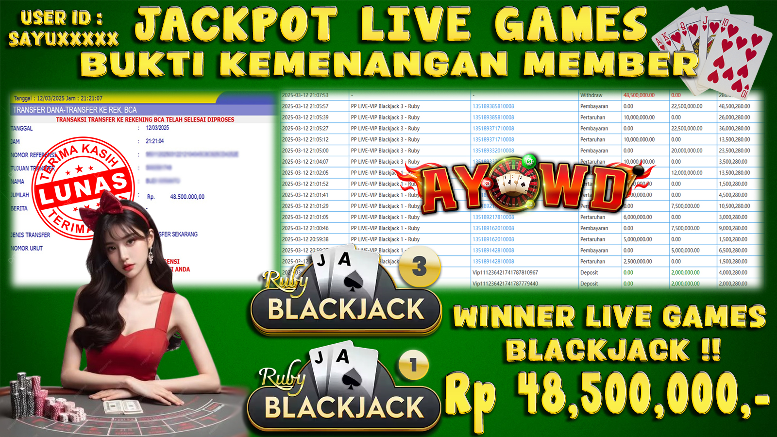 AYOWD JACKPOT LIVE GAMES PP LIVE-VIP Blackjack 1 - Ruby & PP LIVE-VIP Blackjack 3 - Ruby Rp 48,500,000,- LUNAS