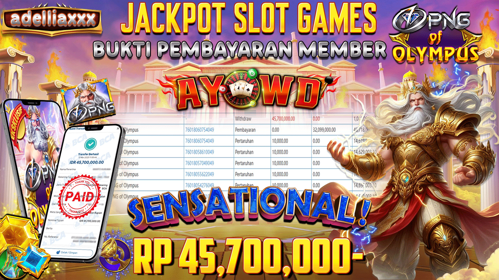 AYOWD JACKPOT SLOT GAMES PP-PNG OF OLYMPUS Rp 45,700,000,- LUNAS