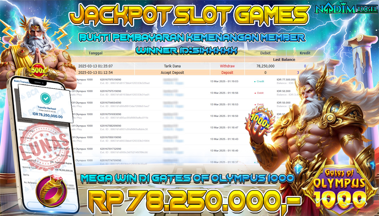 NADIMTOGEL JACKPOT SLOT GATES OF OLYMPUS 1000 Rp 78.250.000,- LUNAS