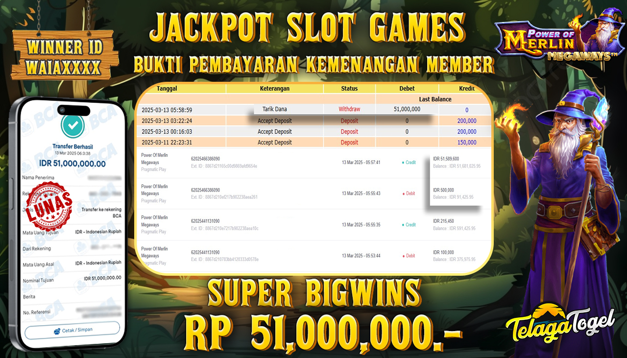 TELAGATOGEL JACKPOT SLOT POWER OF MERLIN MEGAWAYS Rp 51,000,000,- LUNAS 