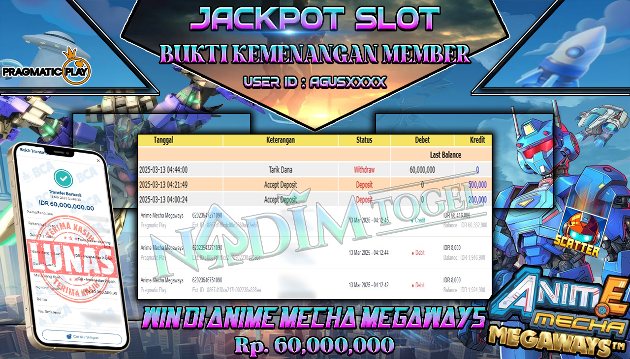 NADIMTOGEL JACKPOT SLOT ANIME MECHA MEGAWAYS Rp 60.000.000,- LUNAS