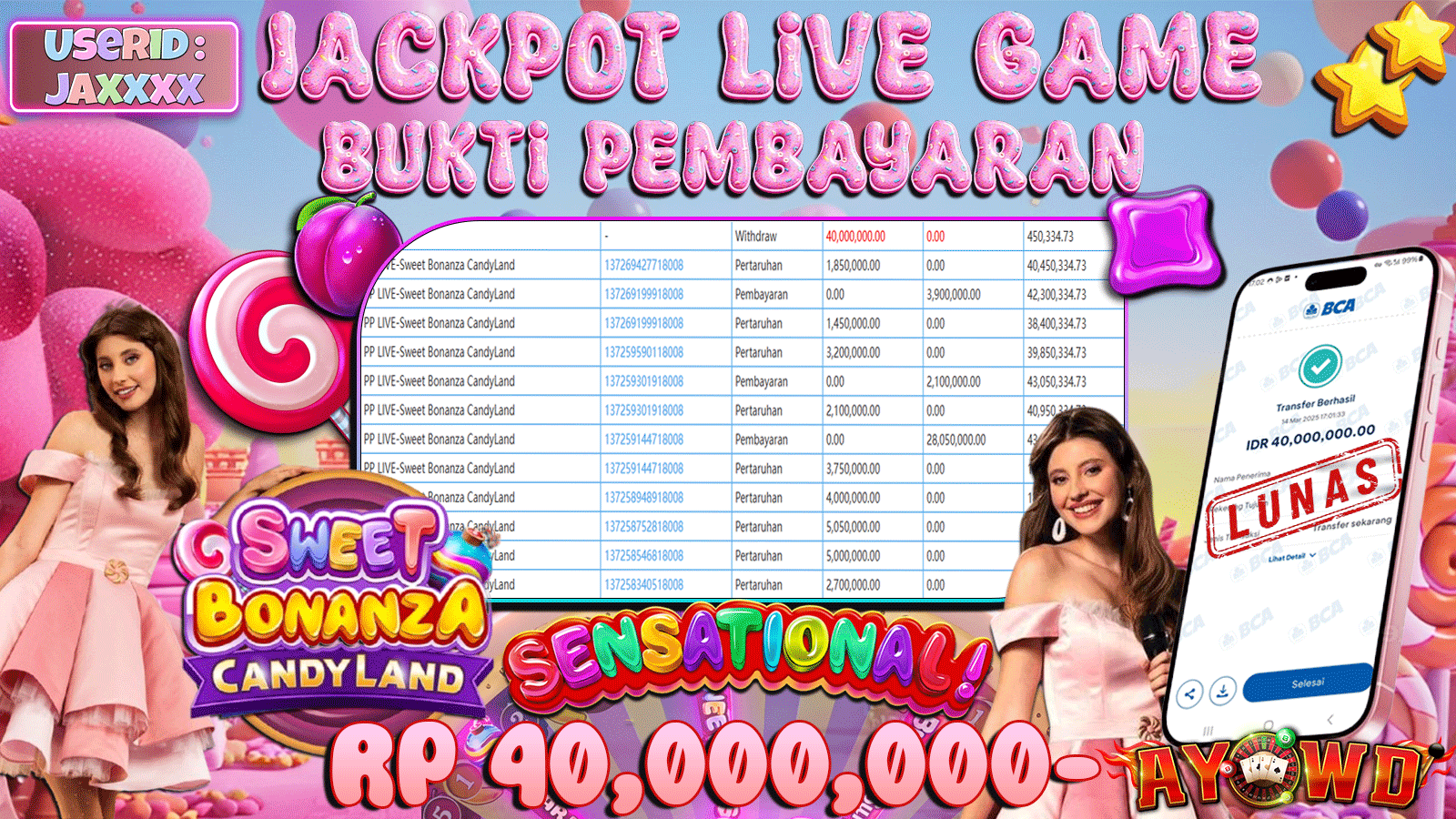 AYOWD JACKPOT LIVE GAMES PP LIVE-Sweet Bonanza CandyLand Rp 40.000.000,- LUNAS