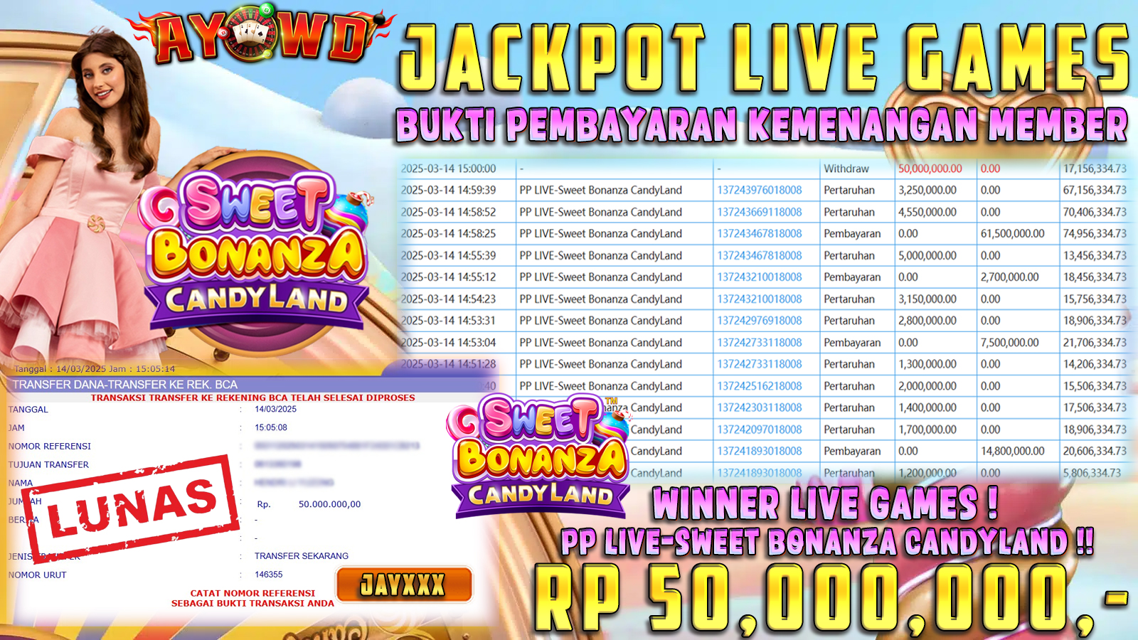 AYOWD JACKPOT LIVE GAMES PP LIVE-Sweet Bonanza CandyLand Rp 50.000.000,- LUNAS
