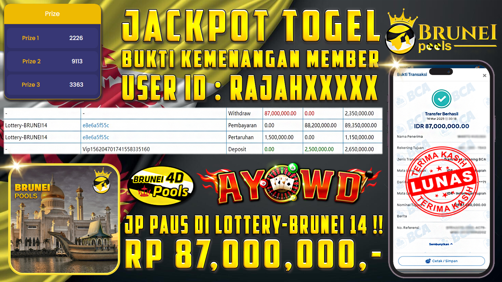 AYOWD JACKPOT TOGEL LOTTERY-BRUNEI 14 Rp 87,000,000,- LUNAS