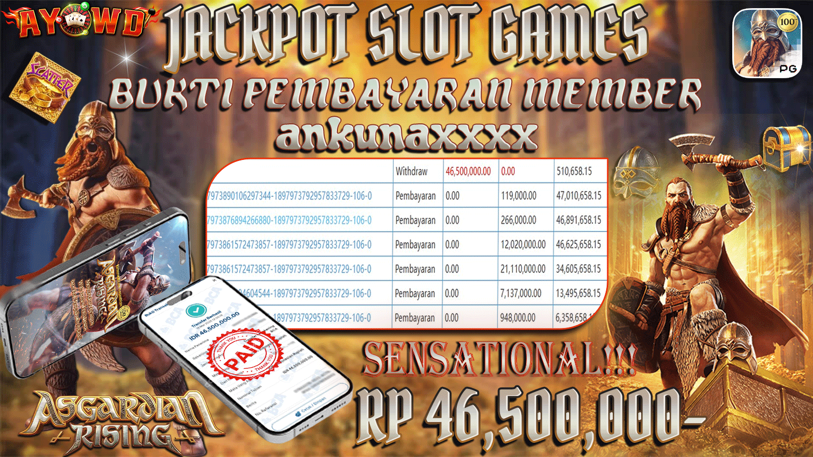AYOWD JACKPOT SLOT GAMES PG-ASGARDIAN RISING Rp 46,500,000,- LUNAS