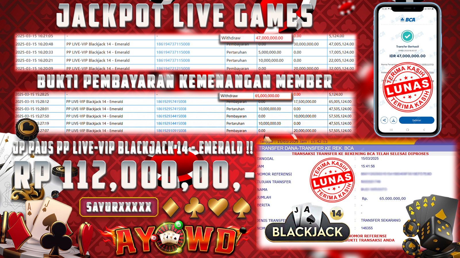 AYOWD JACKPOT LIVE GAMES PP LIVE-VIP Blackjack 14 - Emerald Rp 112,000,000,- LUNAS