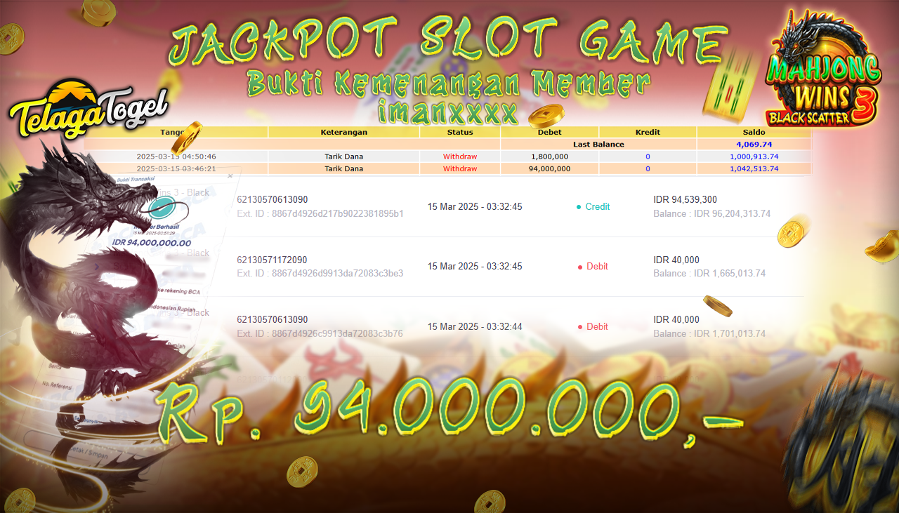 TELAGATOGEL JACKPOT SLOT MAHJONG WINS BLACK SCATTER 3 Rp 94,000,000,- LUNAS 