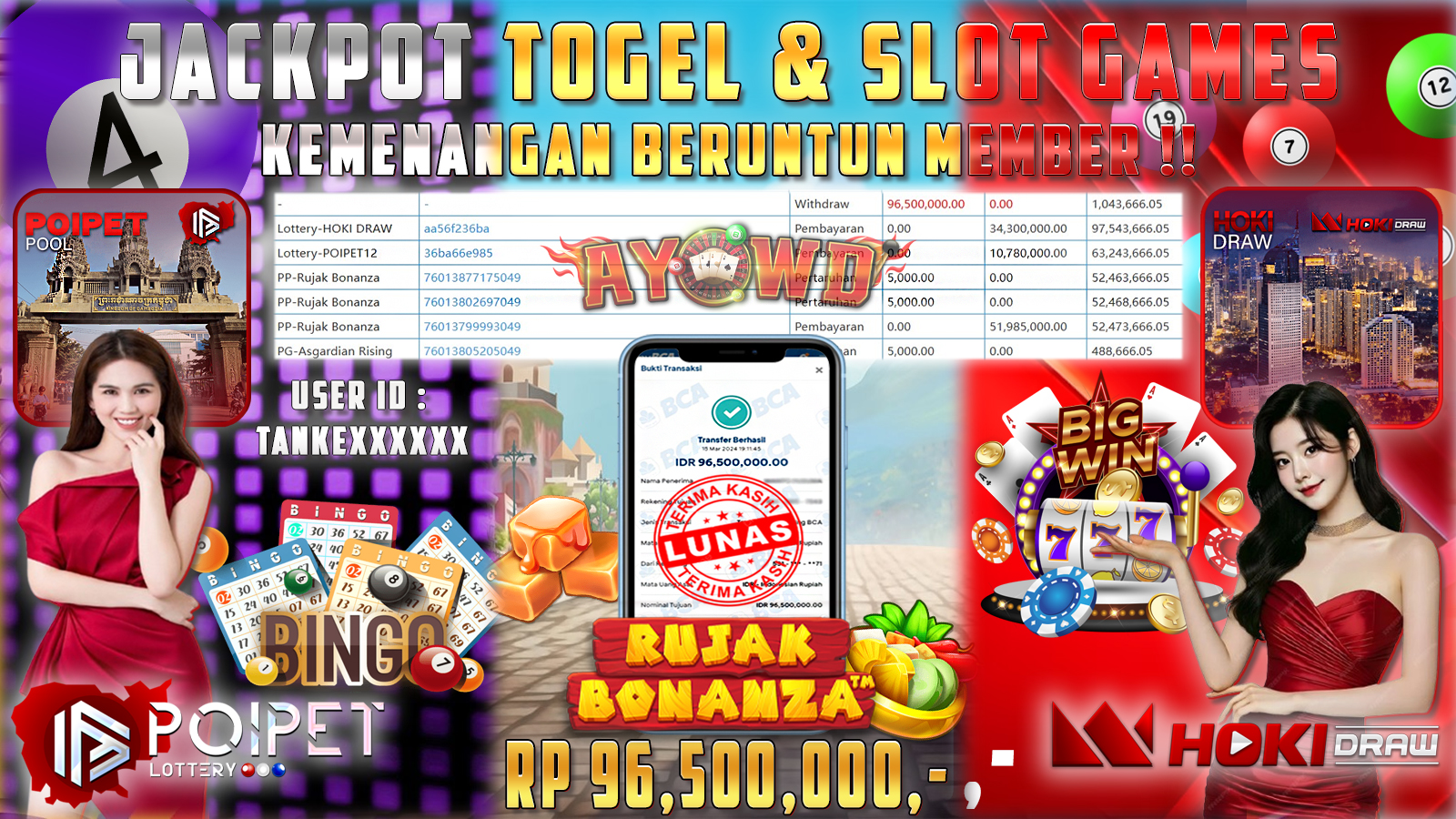 AYOWD JACKPOT TOGEL & SLOT GAMES Lottery-POIPET 12, Lottery-HOKIDRAW & PP- Rujak Bonanza 96,500,000,- LUNAS