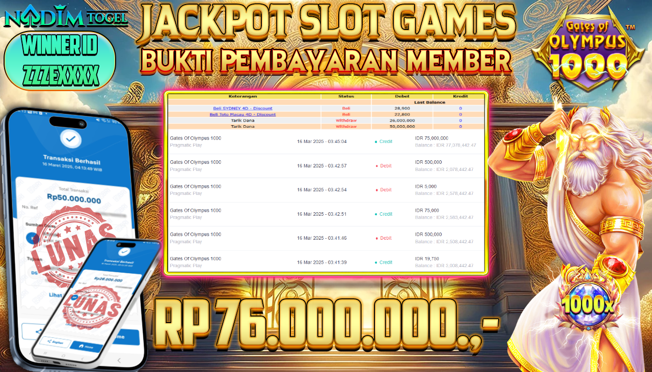 NADIMTOGEL JACKPOT SLOT GATES OF OLYMPUS 1000 Rp.76.000.000,- LUNAS