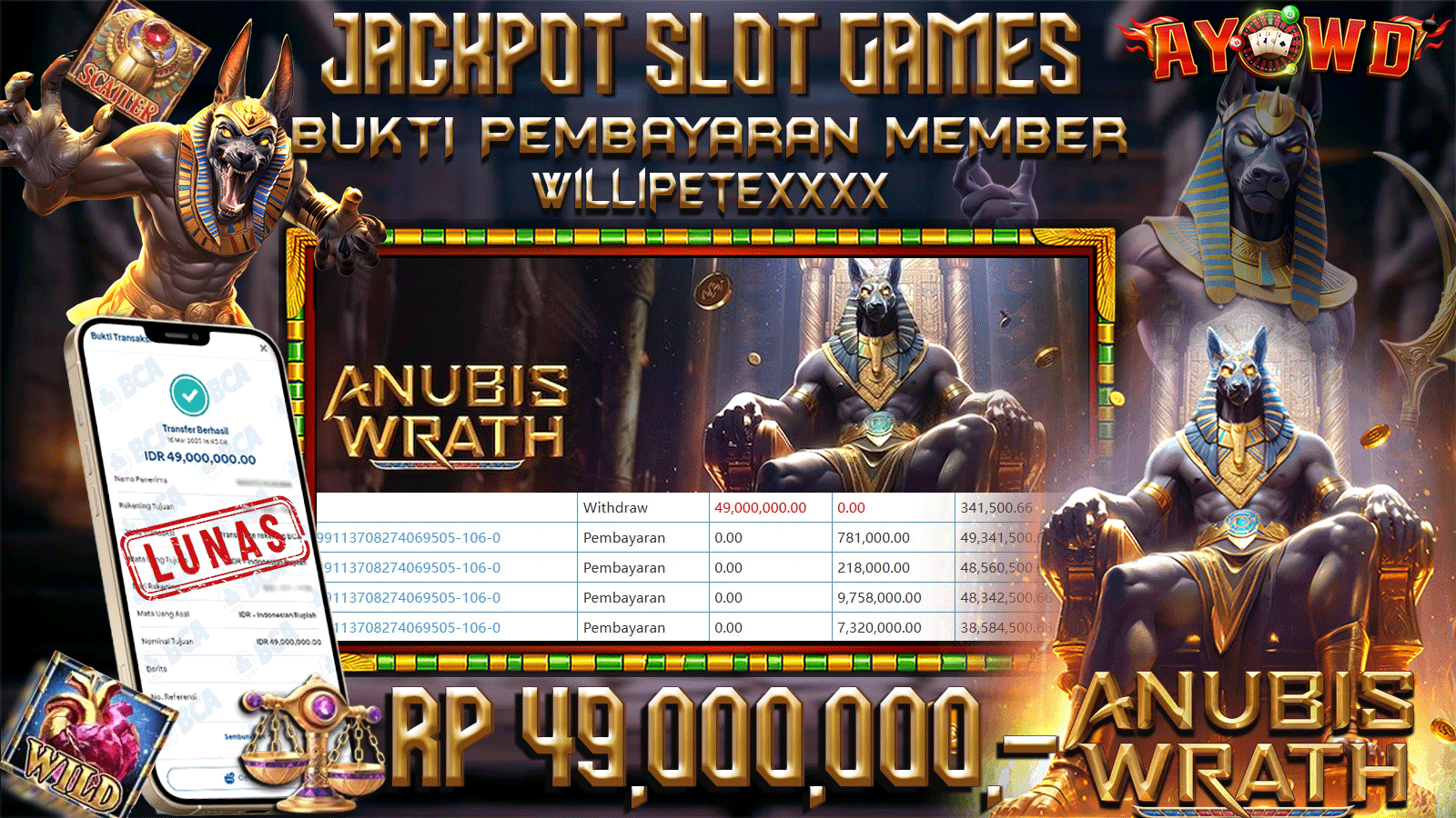 AYOWD JACKPOT SLOT GAMES PG-ANUBIS WRATH Rp 49,000,000,- LUNAS