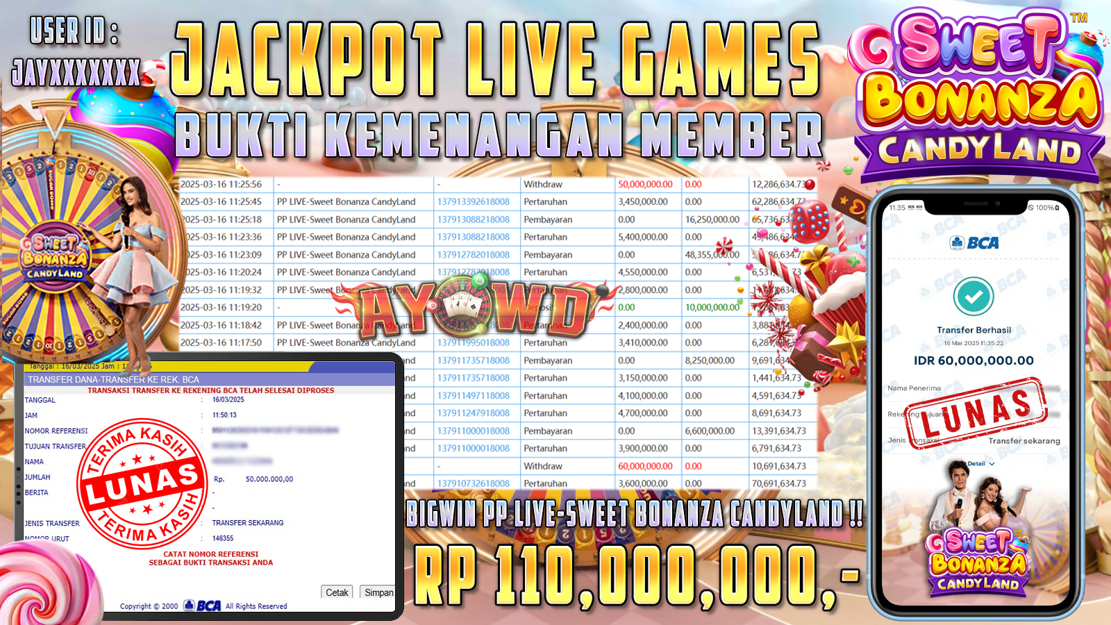 AYOWD JACKPOT LIVE GAMES PP LIVE-Sweet Bonanza CandyLand Rp 110,000,000,- LUNAS
