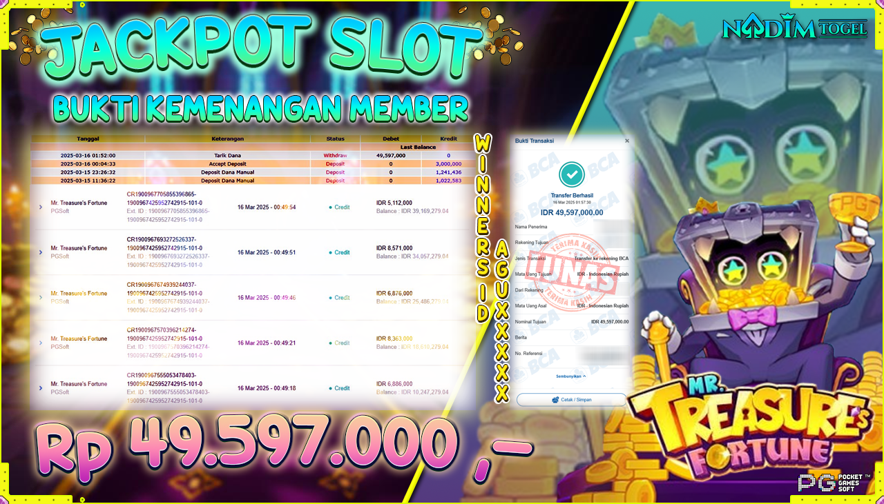 NADIMTOGEL JACKPOT SLOT MR. TREASURE FORTUNE Rp.49.597.000,- LUNAS
