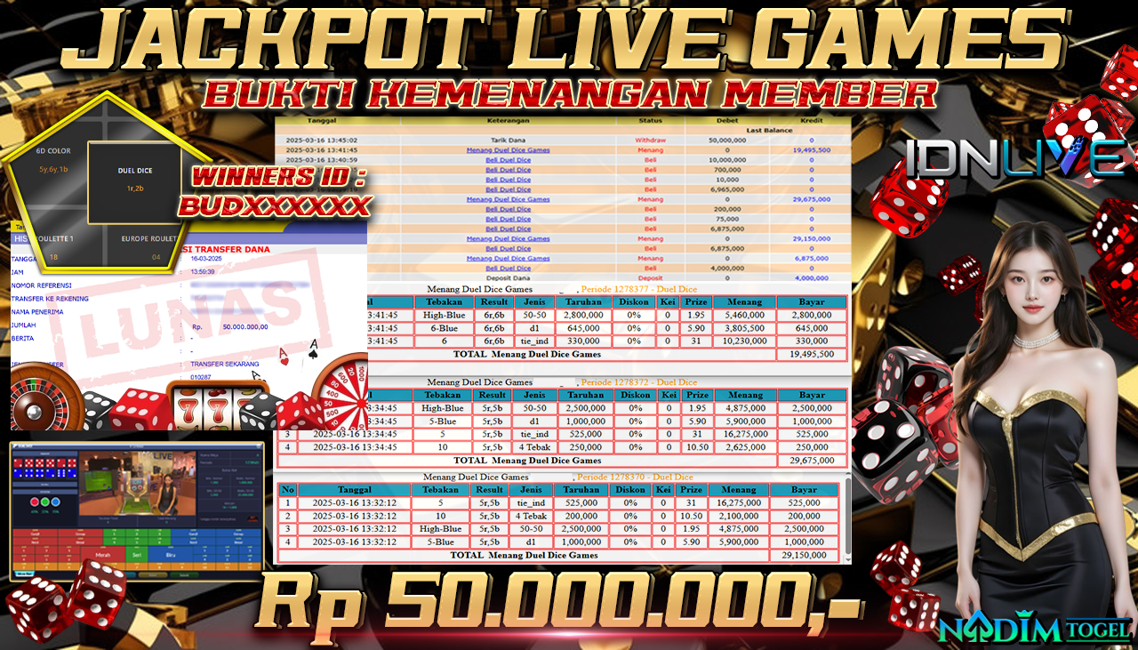 NADIMTOGEL JACKPOT LIVE GAMES DUEL DICE Rp 50.000.000,- LUNAS