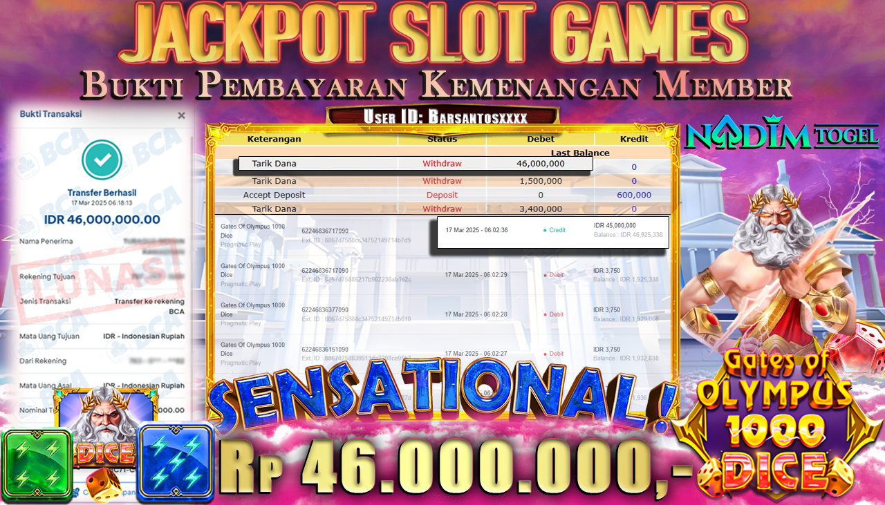 NADIMTOGEL JACKPOT SLOT GATES OF OLYMPUS 1000 DICE Rp 46.000.000,- LUNAS