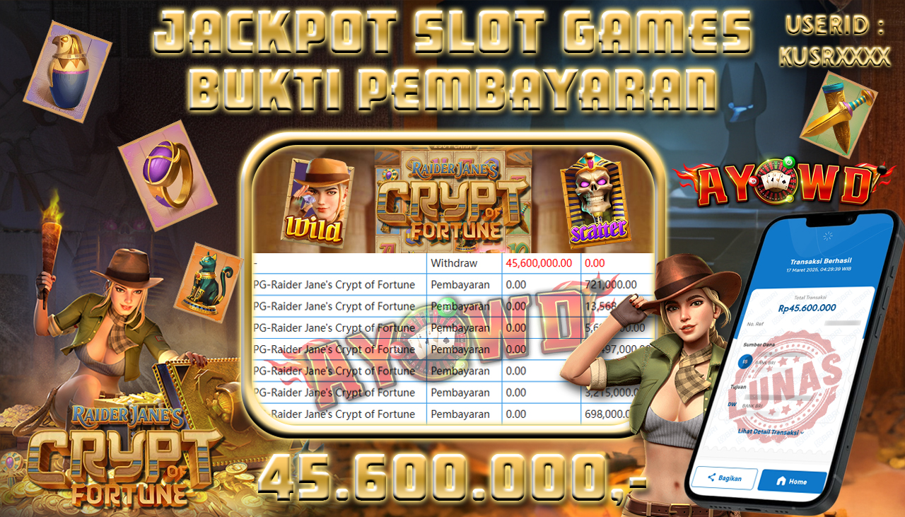 AYOWD JACKPOT SLOT GAMES PG-Raider Jane s Crypt of Fortune Rp 45,600,000,- LUNAS