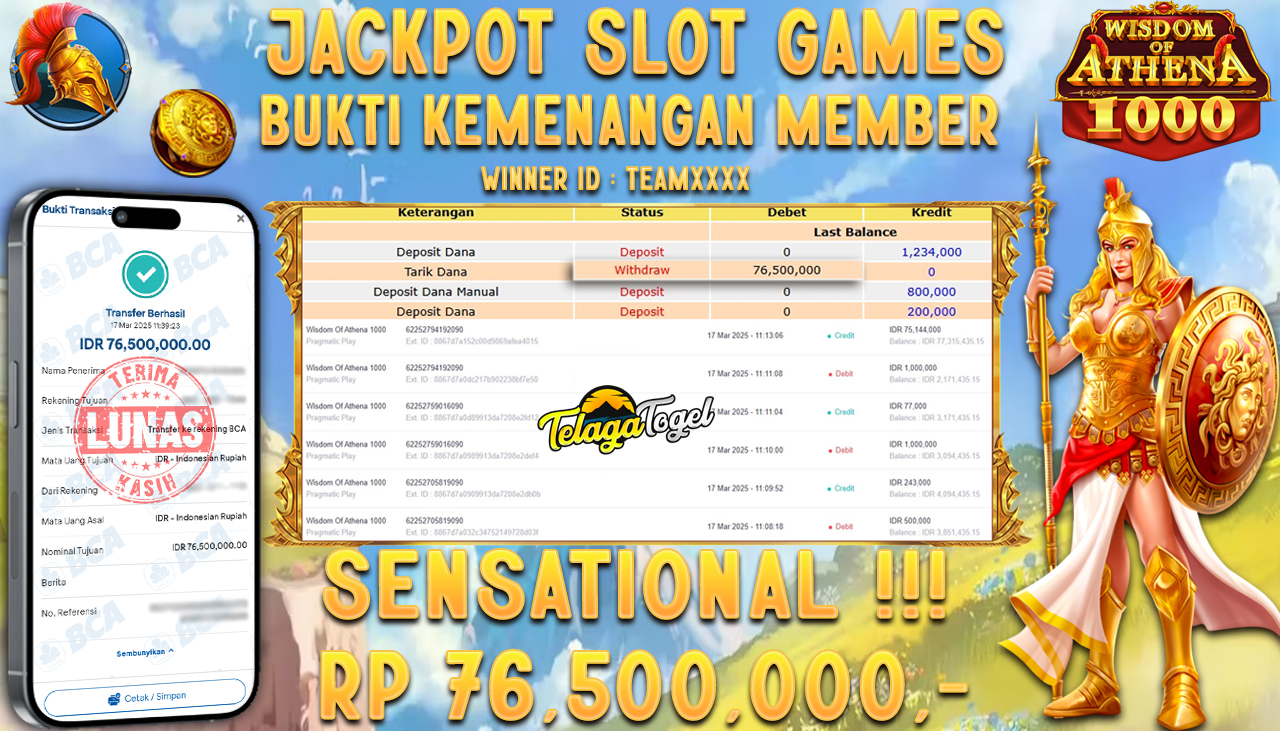 TELAGATOGEL JACKPOT SLOT WISDOM OF ATHENA 1000 Rp 76,500,000,- LUNAS 