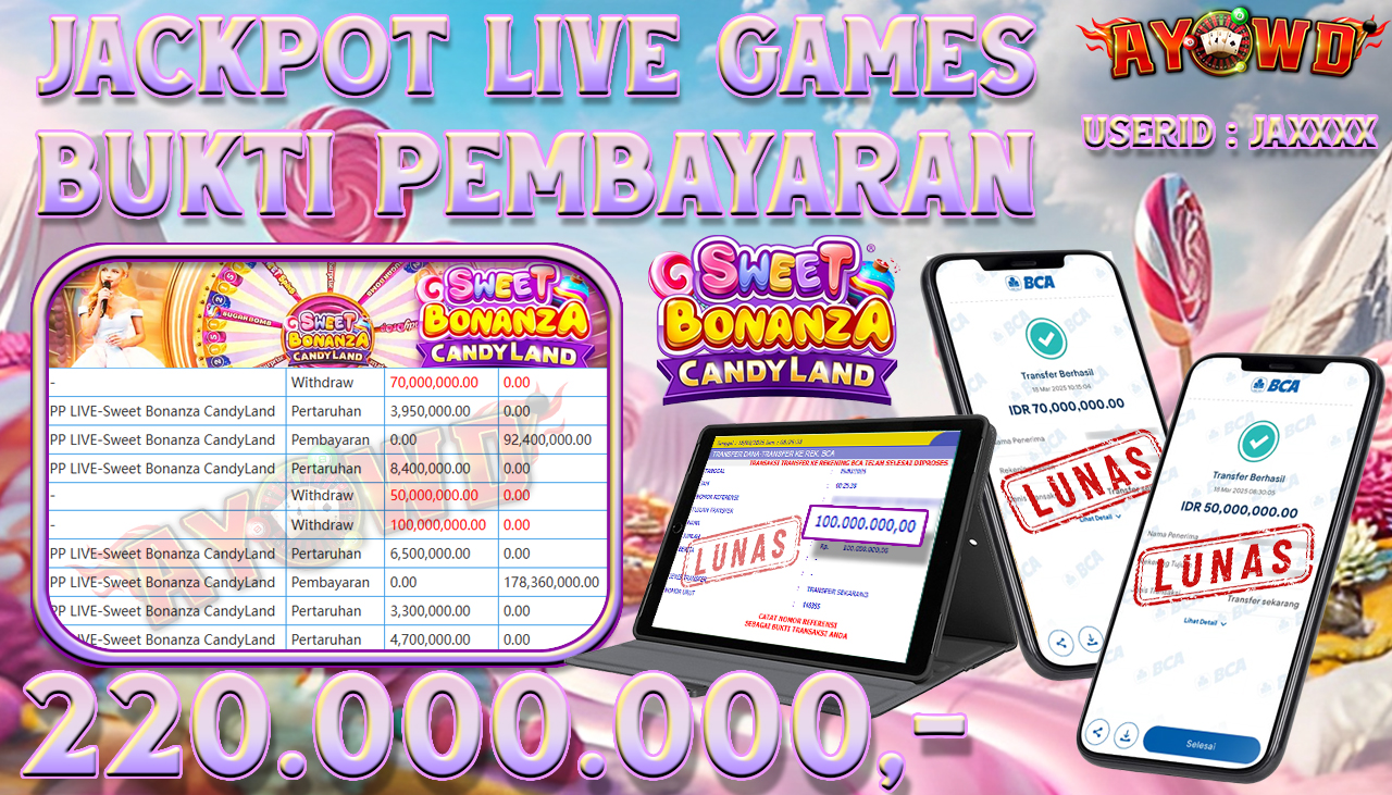 AYOWD JACKPOT LIVE GAMES PP LIVE-Sweet Bonanza CandyLand Rp 220,000,000,- LUNAS