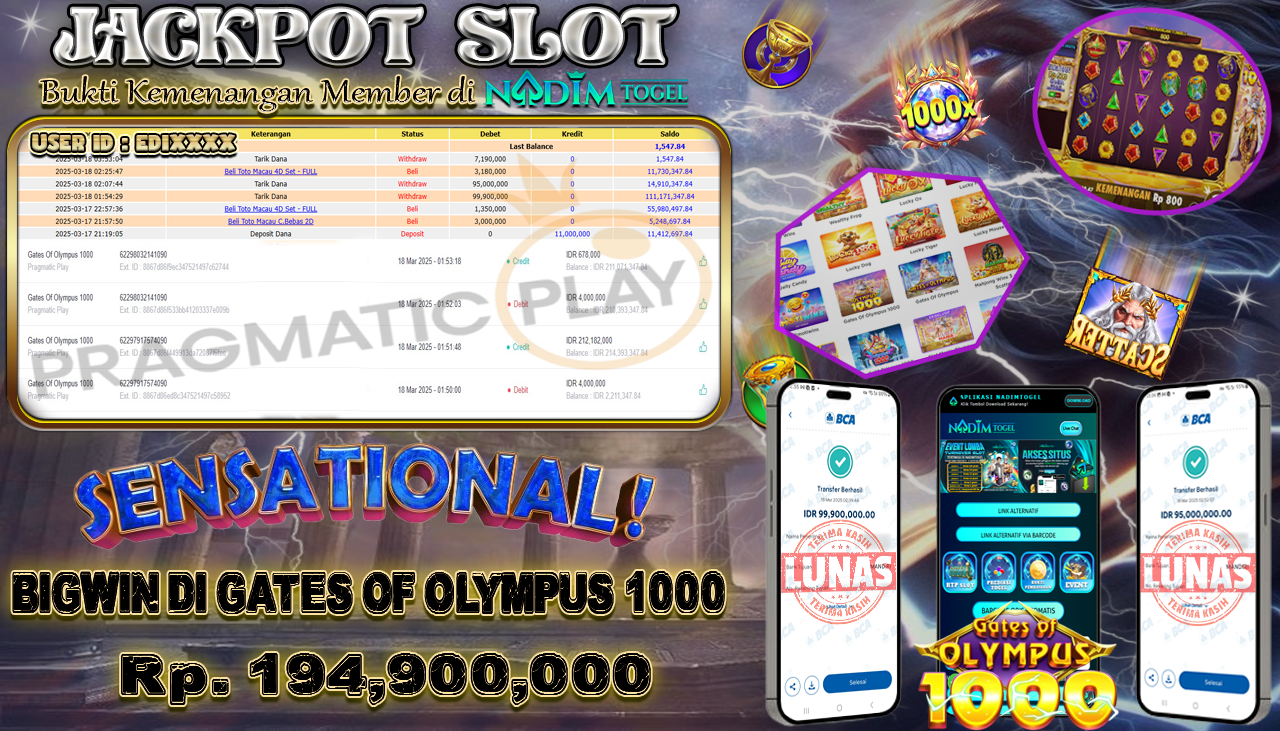 NADIMTOGEL JACKPOT SLOT GATES OF OLYMPUS 1000 Rp 194.900.000,- LUNAS