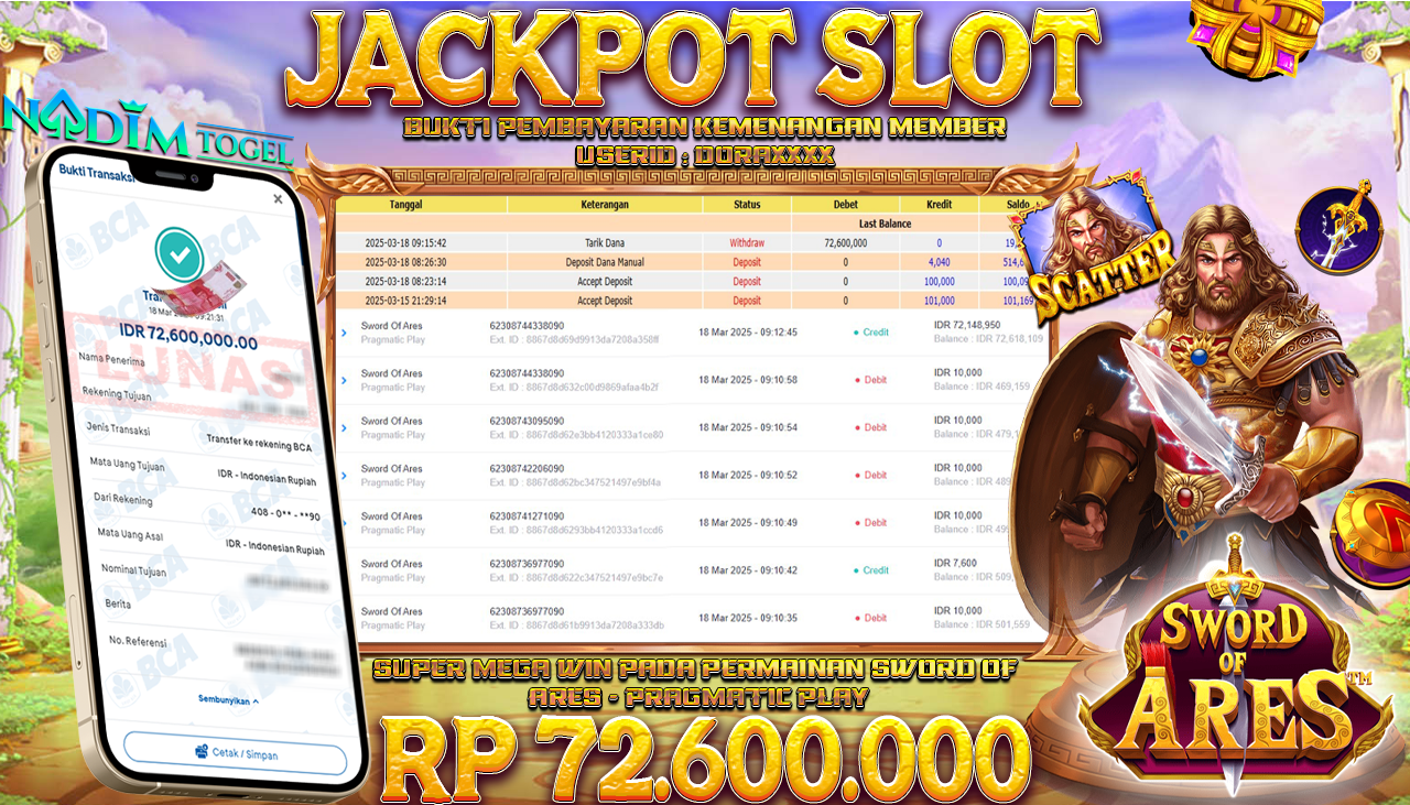 NADIMTOGEL JACKPOT SLOT SWORD OF ARES Rp 72.600.000,- LUNAS