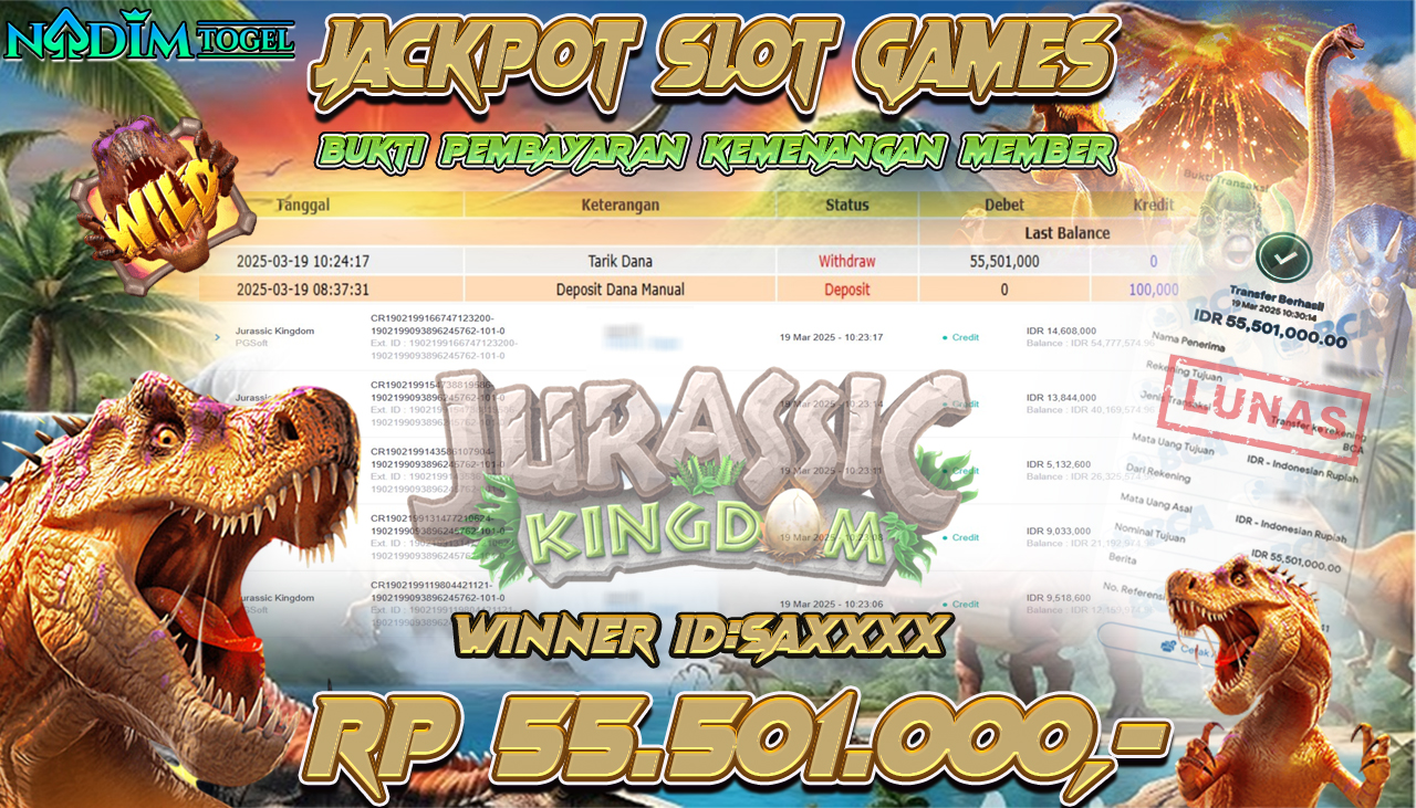 NADIMTOGEL JACKPOT SLOT JURASSIC KINGDOM Rp 55.501.000,- LUNAS