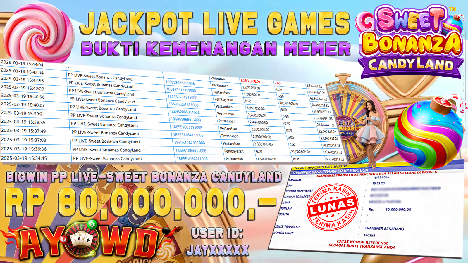 AYOWD JACKPOT LIVE GAMES PP LIVE-Sweet Bonanza CandyLand Rp 80,000,000,- LUNAS
