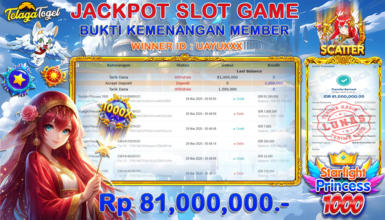 TELAGATOGEL JACKPOT SLOT STARLIGHT PRINCESS 1000 Rp 81,000,000,- LUNAS 
