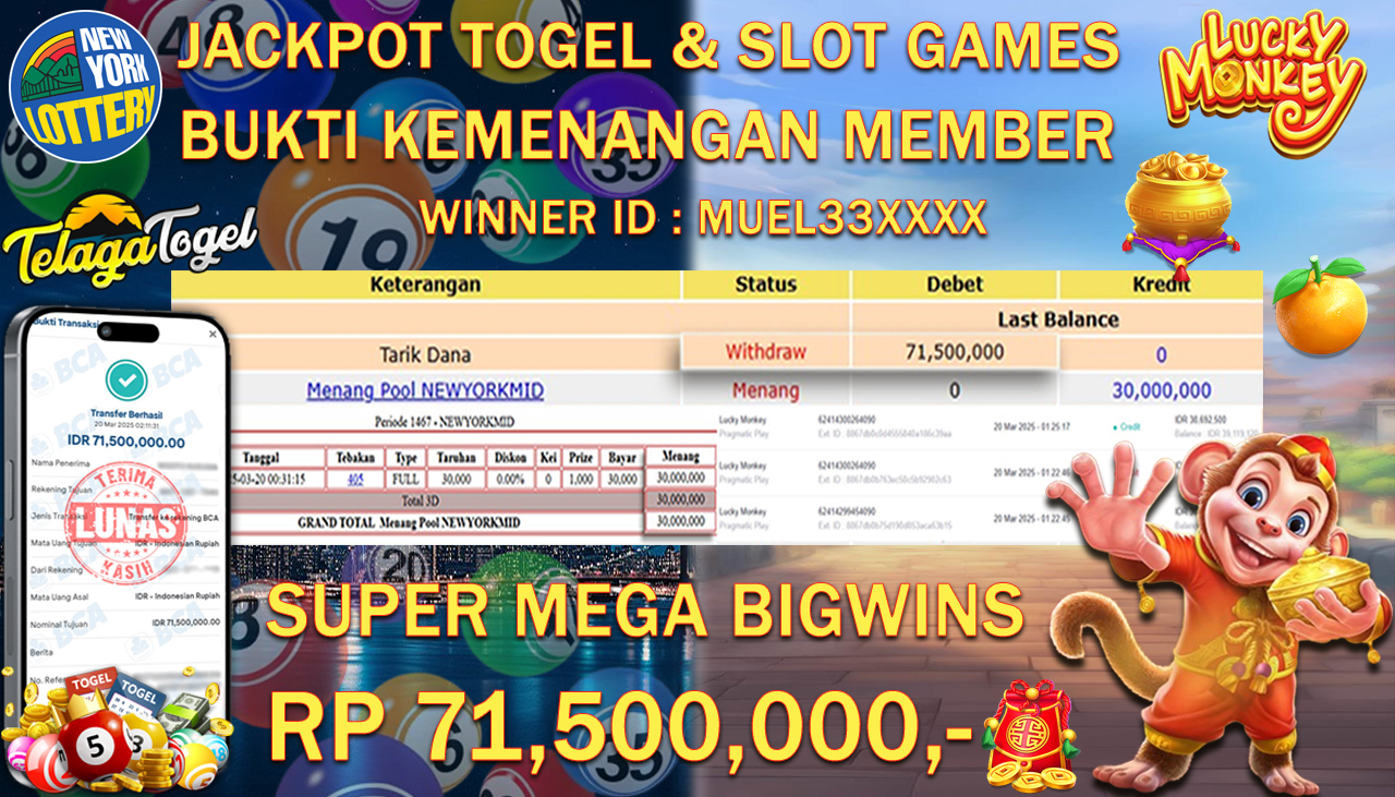 TELAGATOGEL JACKPOT TOGEL NEW YORK MID & SLOT LUCKY MONKEY Rp 71,500,000,- LUNAS 