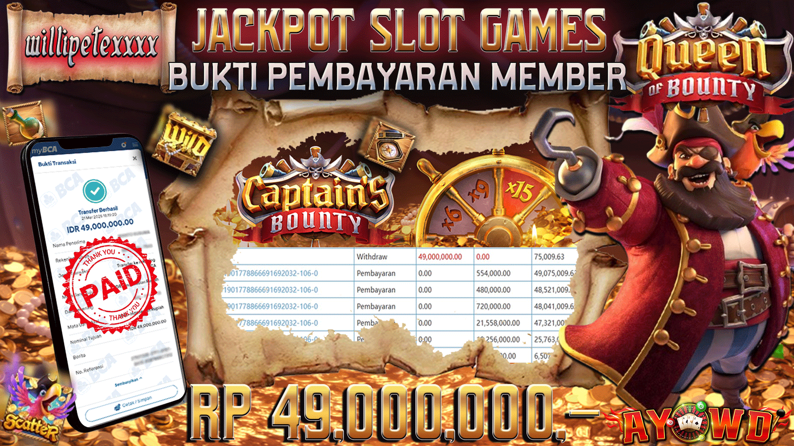 AYOWD JACKPOT SLOT GAMES PG-CAPTAINS BOUNTY Rp 49,000,000,- LUNAS
