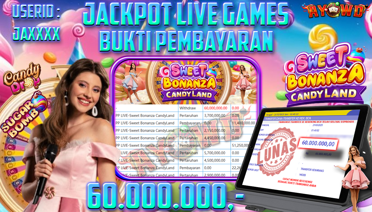 AYOWD JACKPOT LIVE GAMES PP LIVE-Sweet Bonanza CandyLand Rp 60,000,000,- LUNAS