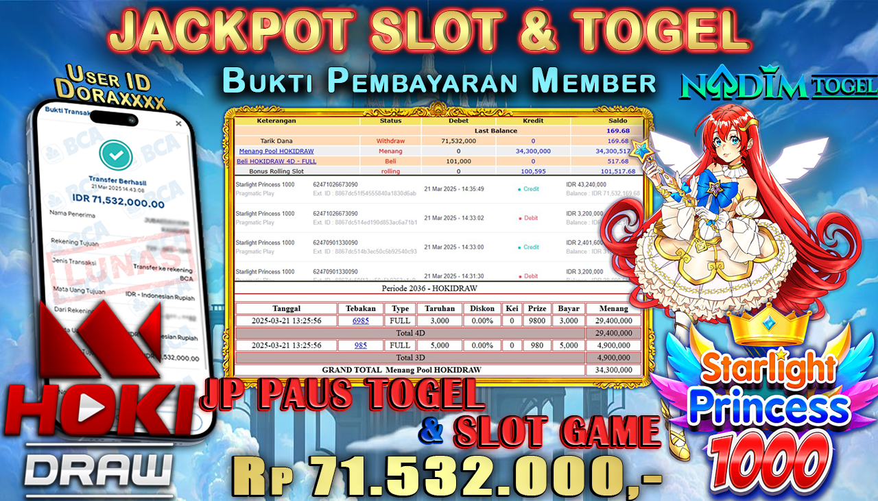 NADIMTOGEL JACKPOT SLOT & TOGEL STARLIGHT PRINCESS 1000 DAN TOGEL HOKIDRAW Rp 71.532.000,- LUNAS