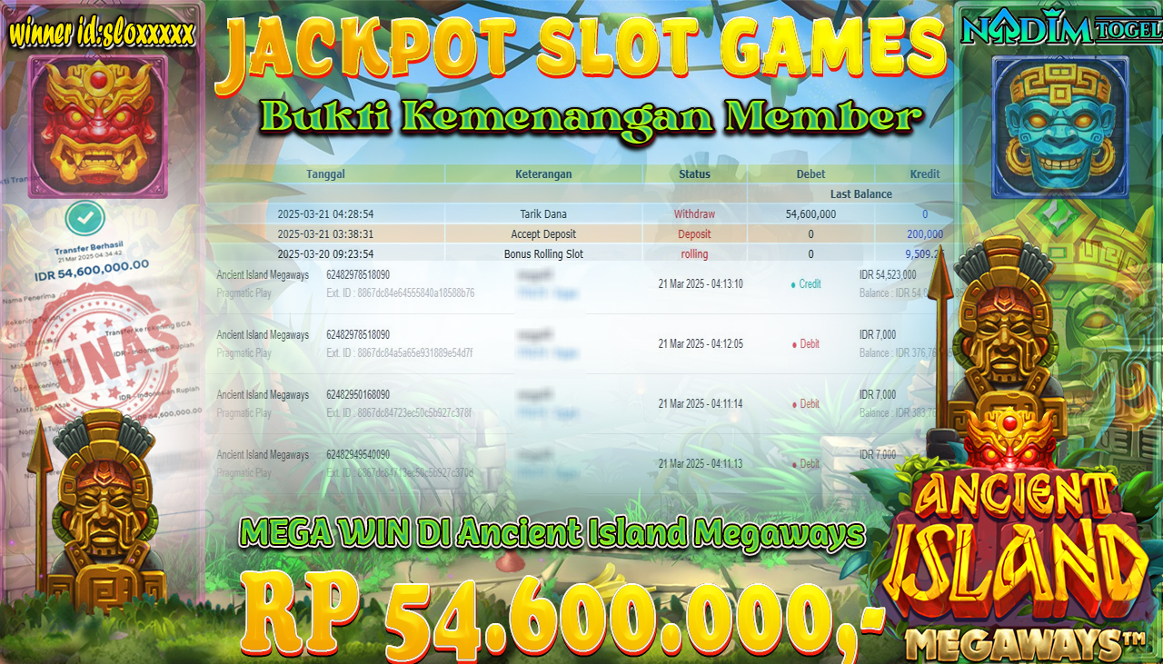 NADIMTOGEL JACKPOT SLOT ANCIENT ISLAND MEGAWAYS Rp 54.600.000,- LUNAS
