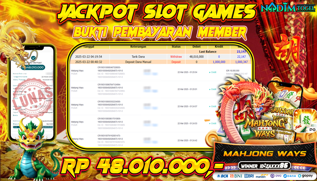 NADIMTOGEL JACKPOT SLOT MAHJONG WAYS Rp 48.010.000,- LUNAS